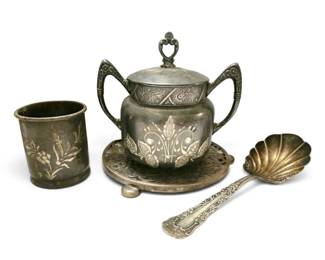Antique Silverplate Engraved Floral Sugar Bowl, Cup Spoon, Trivet