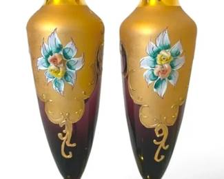 Bohemian HandPainted Glass Vases w Floral Gold Details