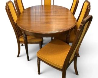 Ethan Allen Dining Table With Six Chairs, One Leaf, And Pads