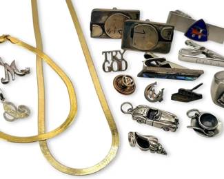 Sterling Silver Tie Clips, Cufflinks, Charms 86.06g Total