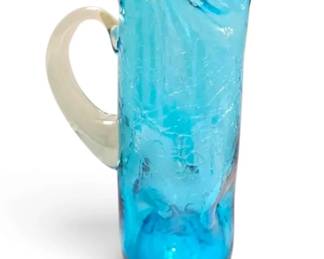 Blue Blown Glass Crackle Pitcher w Clear Handle