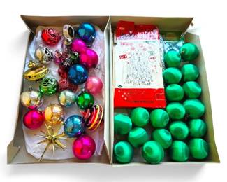 Vintage Glass, Plastic, Green Silk Ornaments Shiny Brite, Poland, Saran Icicles More