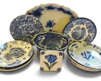 Blue White 8 Hanging Plates, Flow Blue Platter More
