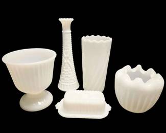 Milk Glass Vases, Vessels, Lidded Butterdish