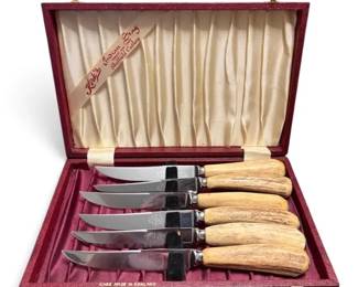 Six Stainless Steel Steak Knives With Antler Handles, Made In England By Sheffield