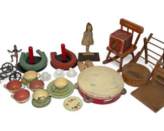 Vintage Doll Furniture, Tea Set, Tambourine, More