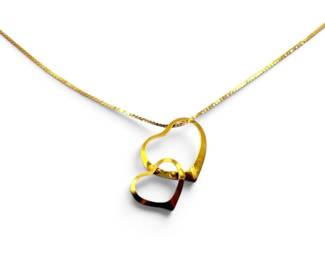 14k Gold Double Heart Pendant On Dainty 18 Chain 0.63g