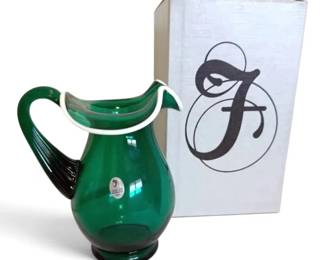 Fenton Emerald Green Snow Crest Glass Pitcher w Original Box