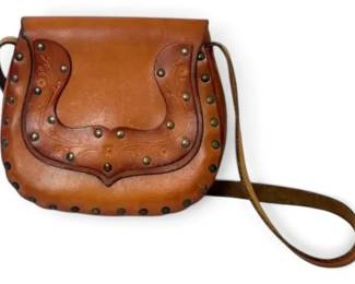 Brown Tooled Leather Saddle Bag with Floral Details