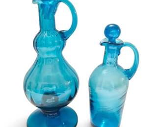Vintage Blue Blown Glass Cruets w Stoppers