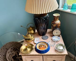 Some of the vintage Ash trays, smudge pot, kettle, Imari vase, macrame hanging shelf 