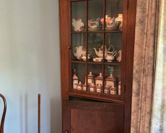 Great corner cabinet, stoneware butter churn, crock, jugs 