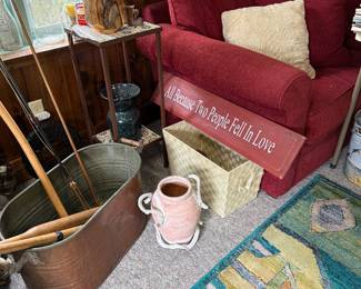 Copper tub, vintage bats, handmade walking stick with embedded stones, fly fishing rod
