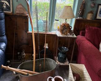 Copper tub, fly fishing rod, antique/vintage baseball bats, couch, etc