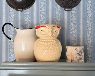 Collanders, American Bisque owl cookie jar, enamelware pitcher.