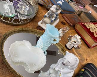 Lladro bear, milk Opalite glass little tray, slag glass creamer 