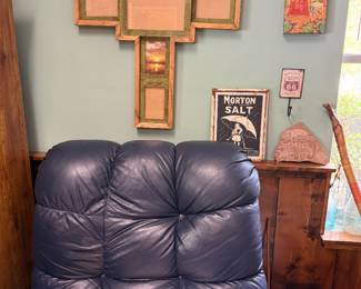 Hand made wooden large Cross photo frame, leather recliner 