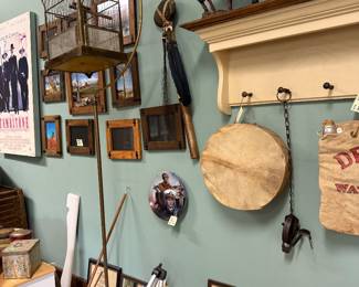 Bird cage with stand, signs, art, native items