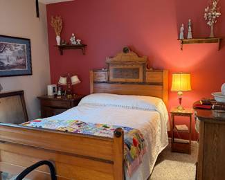 Eastlake single bed, dresser, bedside table, lamps, art, figurines