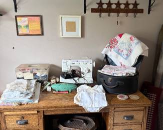 Desk, linens, car collection 