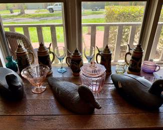 Depression glass, Austrian steins, duck decoys