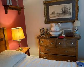 Chest of drawers, pitcher with wash bowl, dresser items