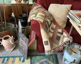 Nice Native rug, vintage copper wash/boiler tub, tins, fly rod, walking sticks, pottery