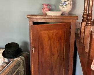 Nice skinny cabinet, porcelain and pottery, antique beaver top hat