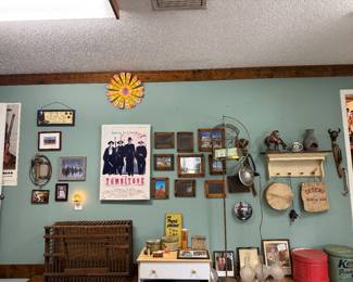 Antique Chicken crate, tins, signs, western frames