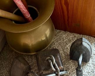 Sad irons & old iron chain tether lock (cow hobble)