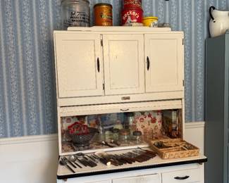 More collanders and tins, Hoosier cabinet