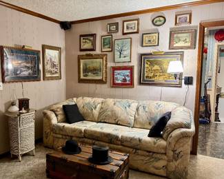 Golden girls style Couch, art, trunk, vintage hats, wicker 