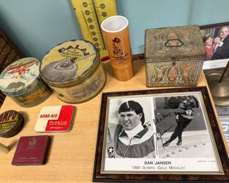 Tins, Hawaiiana, Dan Jansen signed photo, George and Laura Bush photo