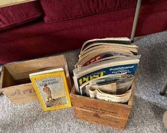 Wood boxes, ephemera, magazines