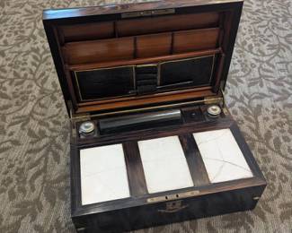 Victorian coromandel writing lap desk with glass ink wells key fitted interior with quill, leather writing surface 19th century