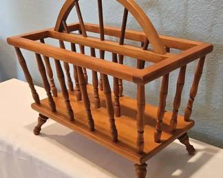 Vintage Wood Spindle Magazine Rack with Arched Handle, 19.25in.
