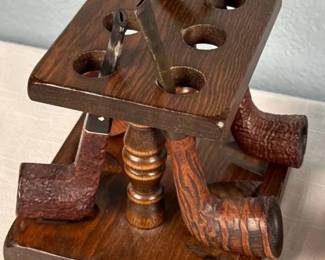 Vintage Smoking Pipe Lot: 4 Pipes, Wood Rack, & Ashtray