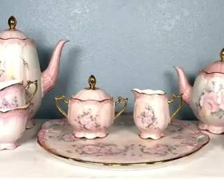 Hutschenreuther Viktoria Pink Rose Tea Set; 13 Pieces, Artist Signed