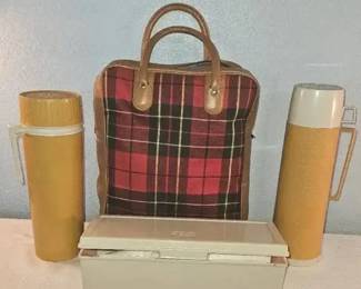 Vintage Thermos Picnic Travel Set with Plaid Carry Bag