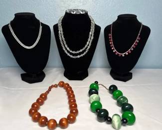 Vintage Necklace Lot of 5: Rhinestones, Crystal & Chunky Beads