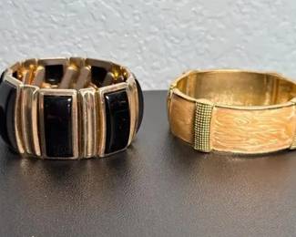 Vintage 1980s Gold-Tone Bracelets: Black Enamel Link & Cream Hinged Bangle