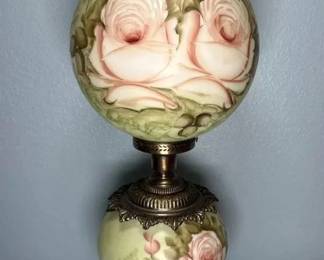 Vintage Painted Rose Globe Lamp; Ornate Metal Base, 3-Way Light