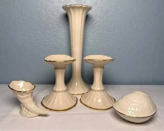 Lenox Ivory & 24K Gold Décor Collection; Vase, Candlesticks & Shells