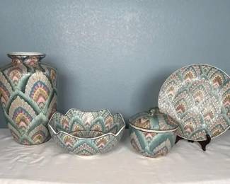 Peacock-Pattern Decor Set: Vase, Bowl, Plate & Lidded Container