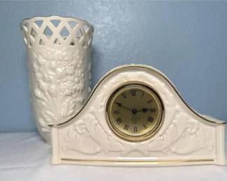 Lenox Chippendale Quartz Clock & Floral Lattice Vase, Ivory and Gold