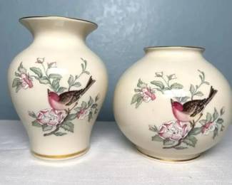 Lenox Serenade Bird & Floral Vases; Pair with 24K Gold Trim