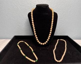 Vintage Faux Pearl Necklace Trio – Graduated, Green Accent & Petite Strands