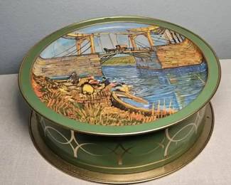 Vintage Sunshine Round Art Tin – Van Gogh-Style Bridge & Landscape Scenes