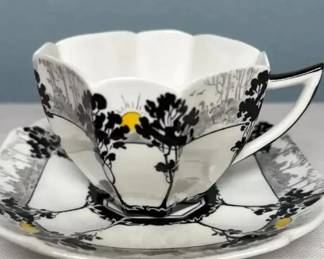 Shelley Queen Anne Cup & Saucer: Black Landscape Pattern, Rd. 723404