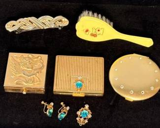 Vintage Vanity Compacts, Cherub Box, Brush, & Turquoise Jewelry